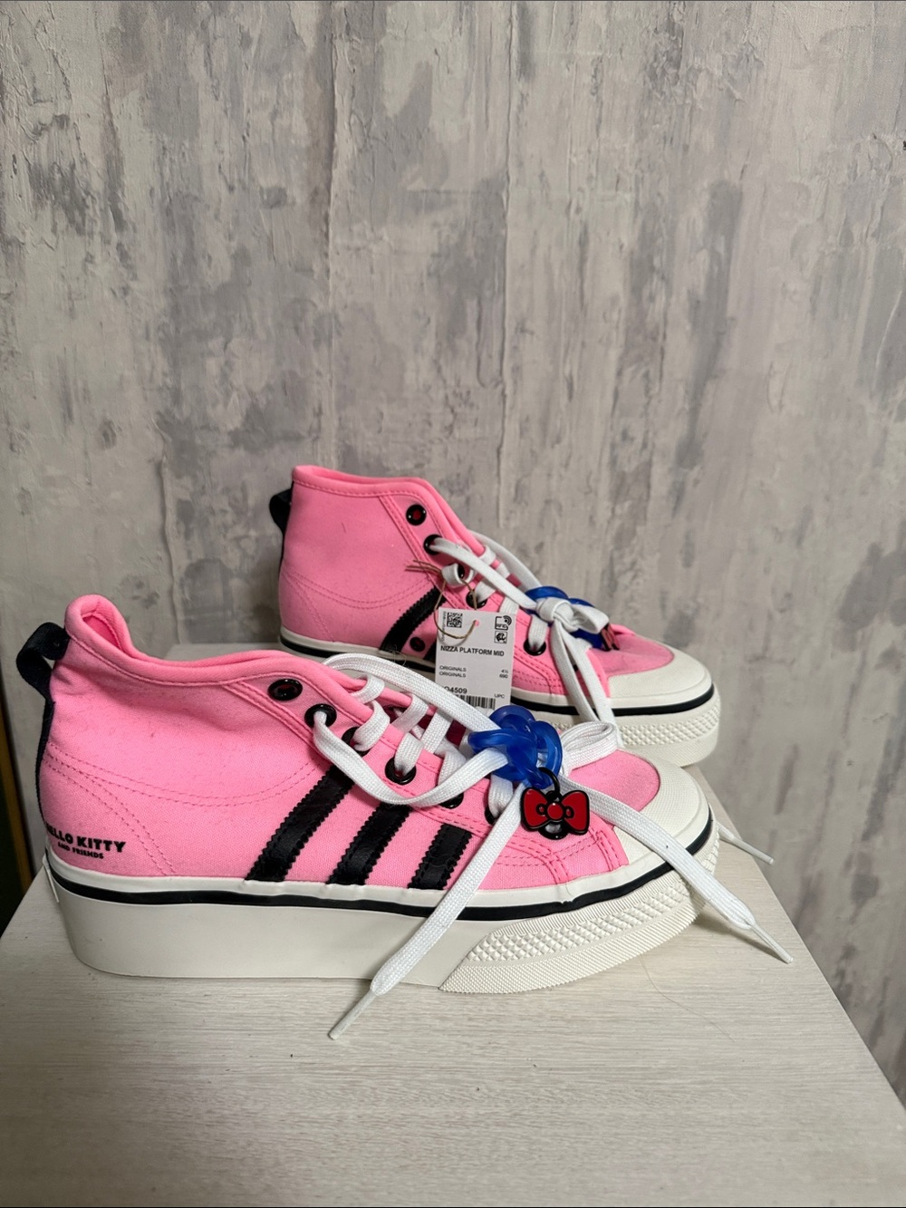 adidas Pink and Black Kids Platform Sneakers with Hello Kitty Charm